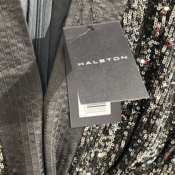 Halston Ranae Cocktail Dress Womens 0 Black Silver Sequin Sheath Blouson Drape